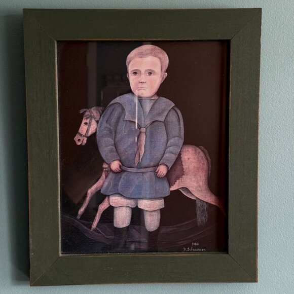 Vintage 1988 Norma Schneeman Framed Art Print Of Child With Horse In Green Wood - Picture 2 of 9